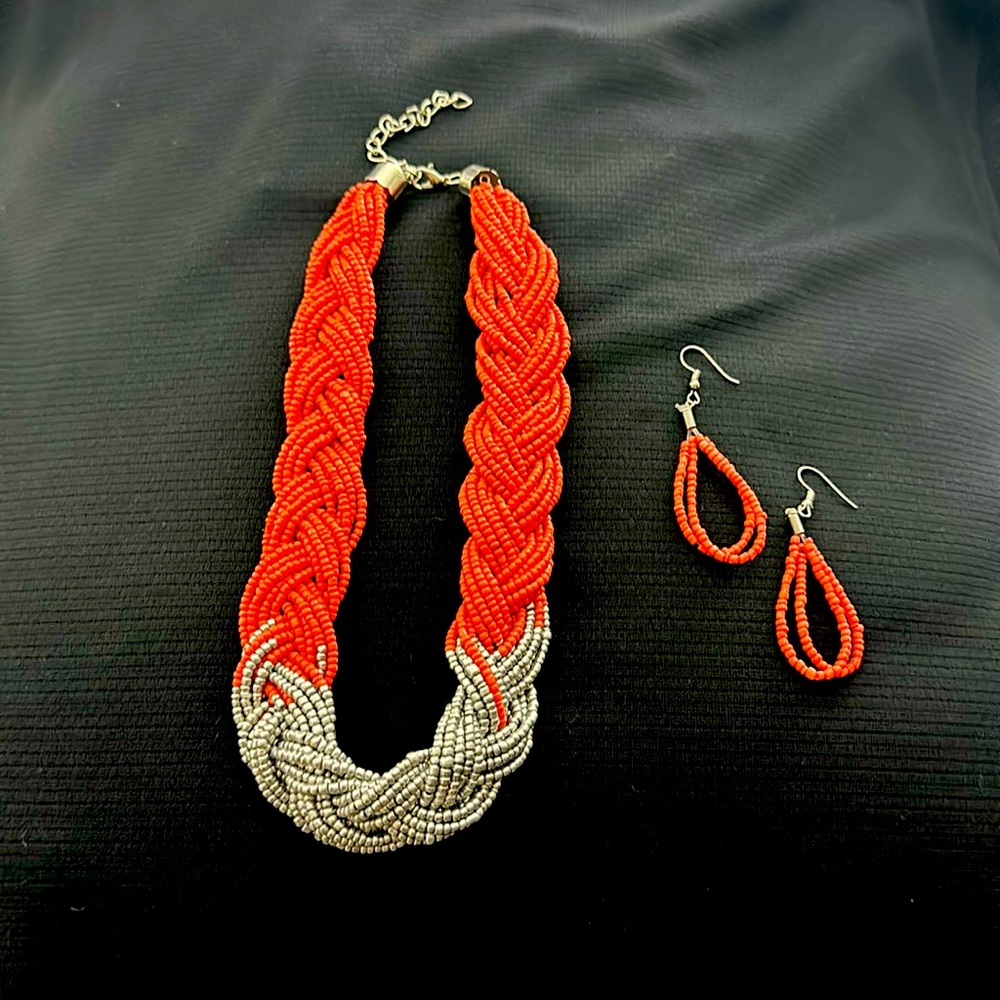 Orange bead necklace and earrings set.